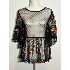 Women's Umgee Black Mesh Lace Sheer Floral Embroidered Peplum Whimsy Top Size S